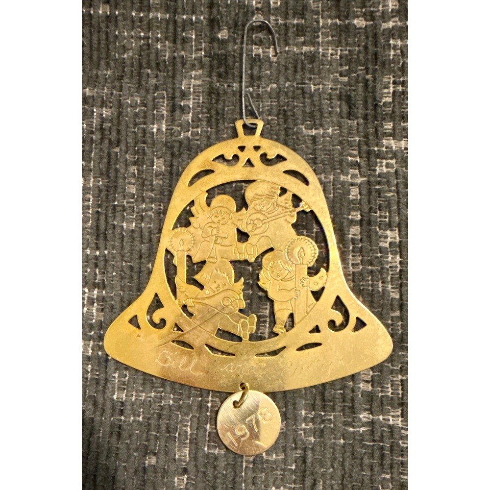 Lillian Vernon Brass Bell Ornament 1978 Good Vintage Angel Cherub Engraved 4in